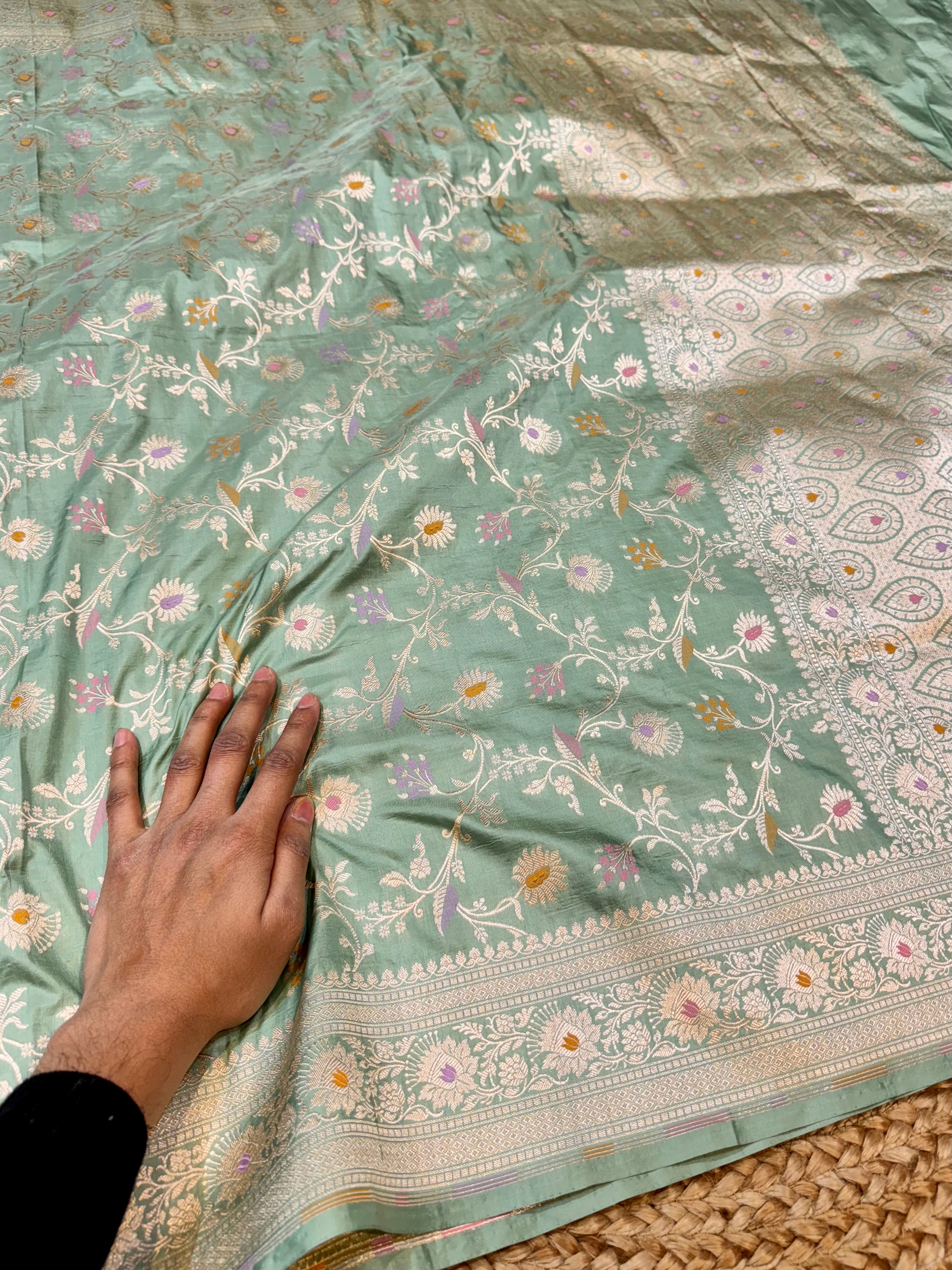 Pastel Sage Green 100% Pure Banarasi Katan Silk Meenakari Saree