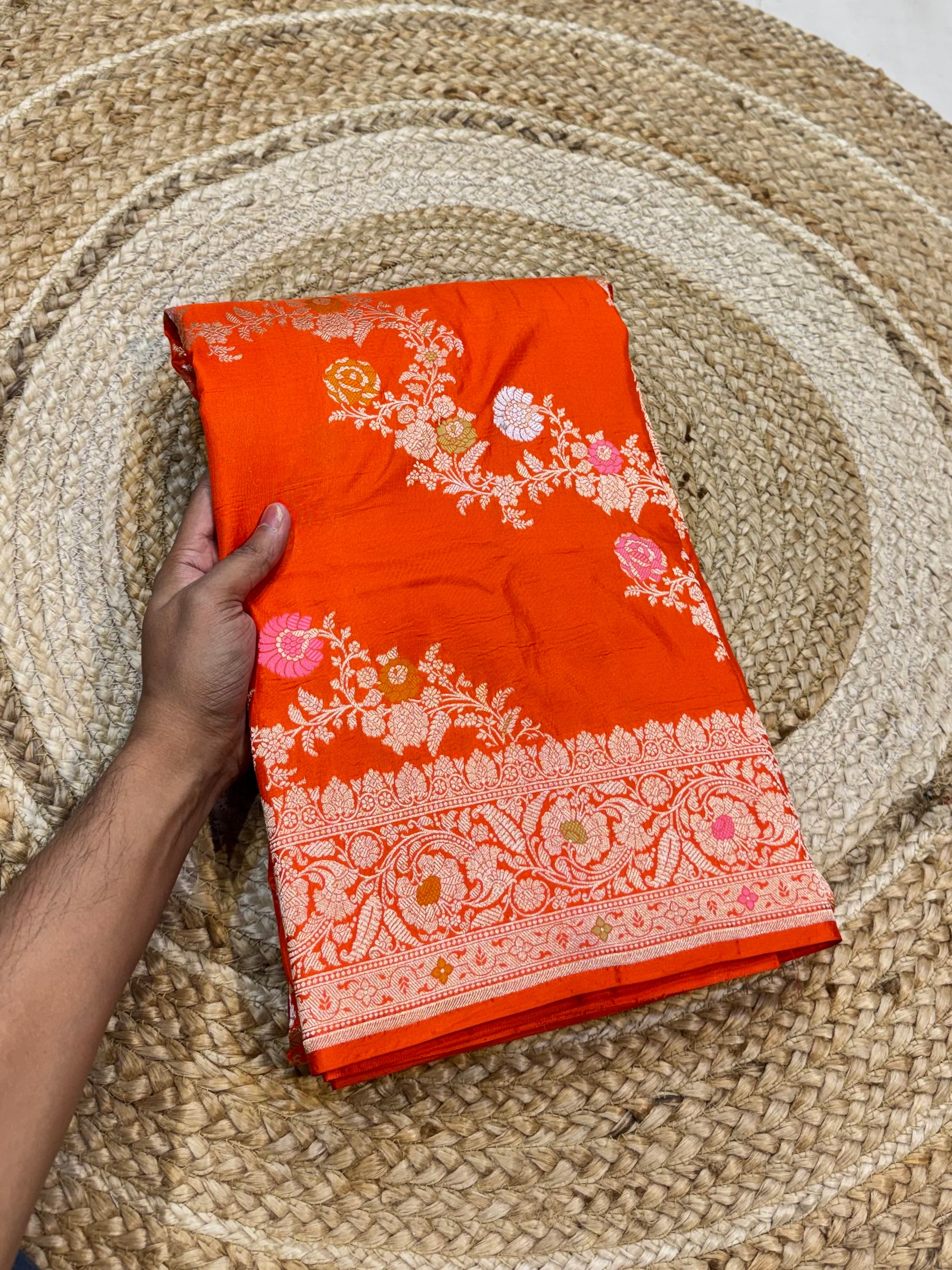 Fanta Orange 100% Pure Banarasi Katan Silk Meenakari Saree