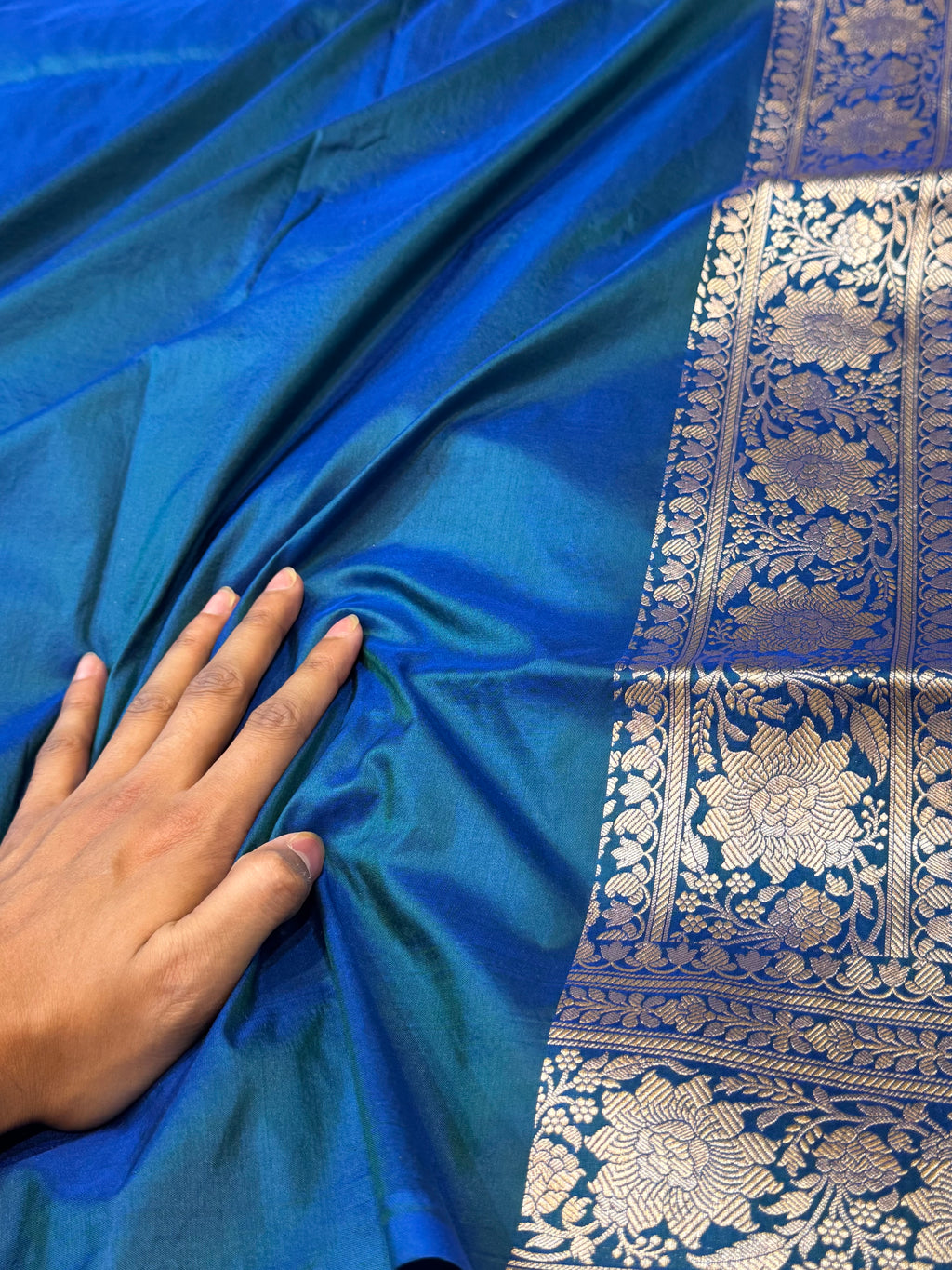 Prebook | Dual shade Peacock Blue 100% Pure Banarasi Katan Silk Saree