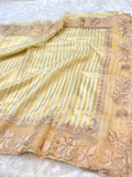 Pastel Lemon Yellow 100% Pure Handloom Stripes Tissue Silk Partywear Banarasi Embroidery Lightweight Sarees
