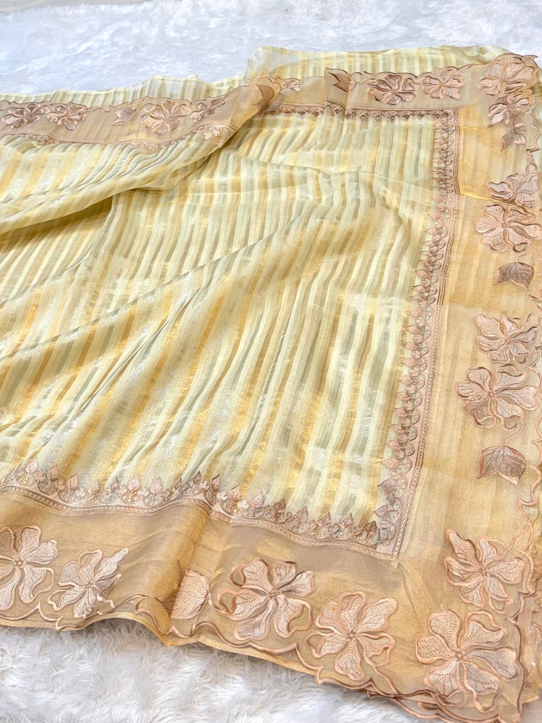 Pastel Lemon Yellow 100% Pure Handloom Stripes Tissue Silk Partywear Banarasi Embroidery Lightweight Sarees