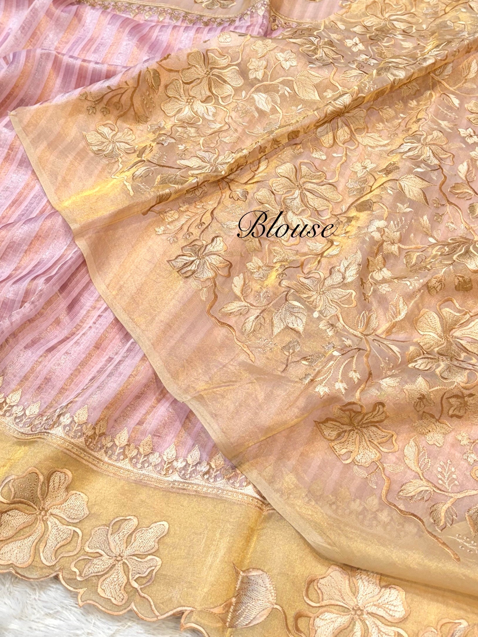 Pastel Pink 100% Pure Handloom Stripes Tissue Silk Partywear Banarasi Embroidery Lightweight Sarees