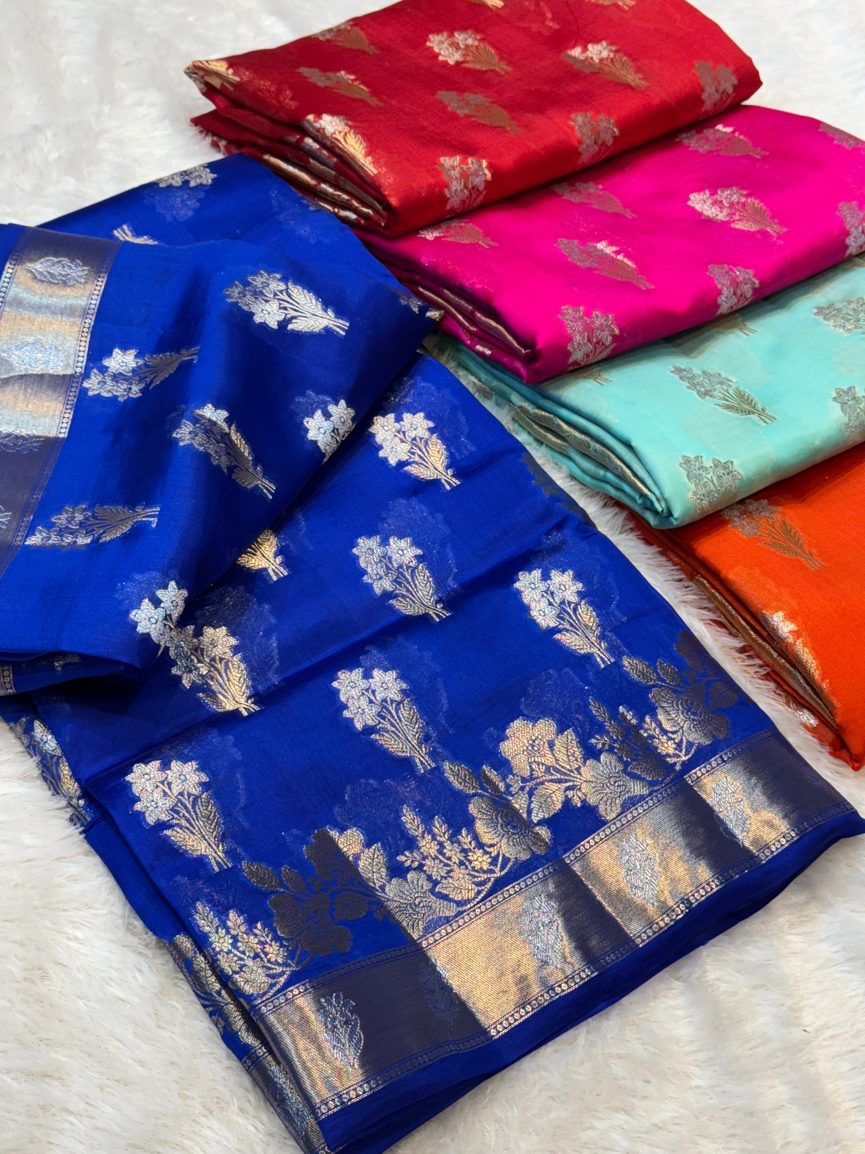 Royal Blue 100% Pure Banarasi Raw Mango Silk Saree