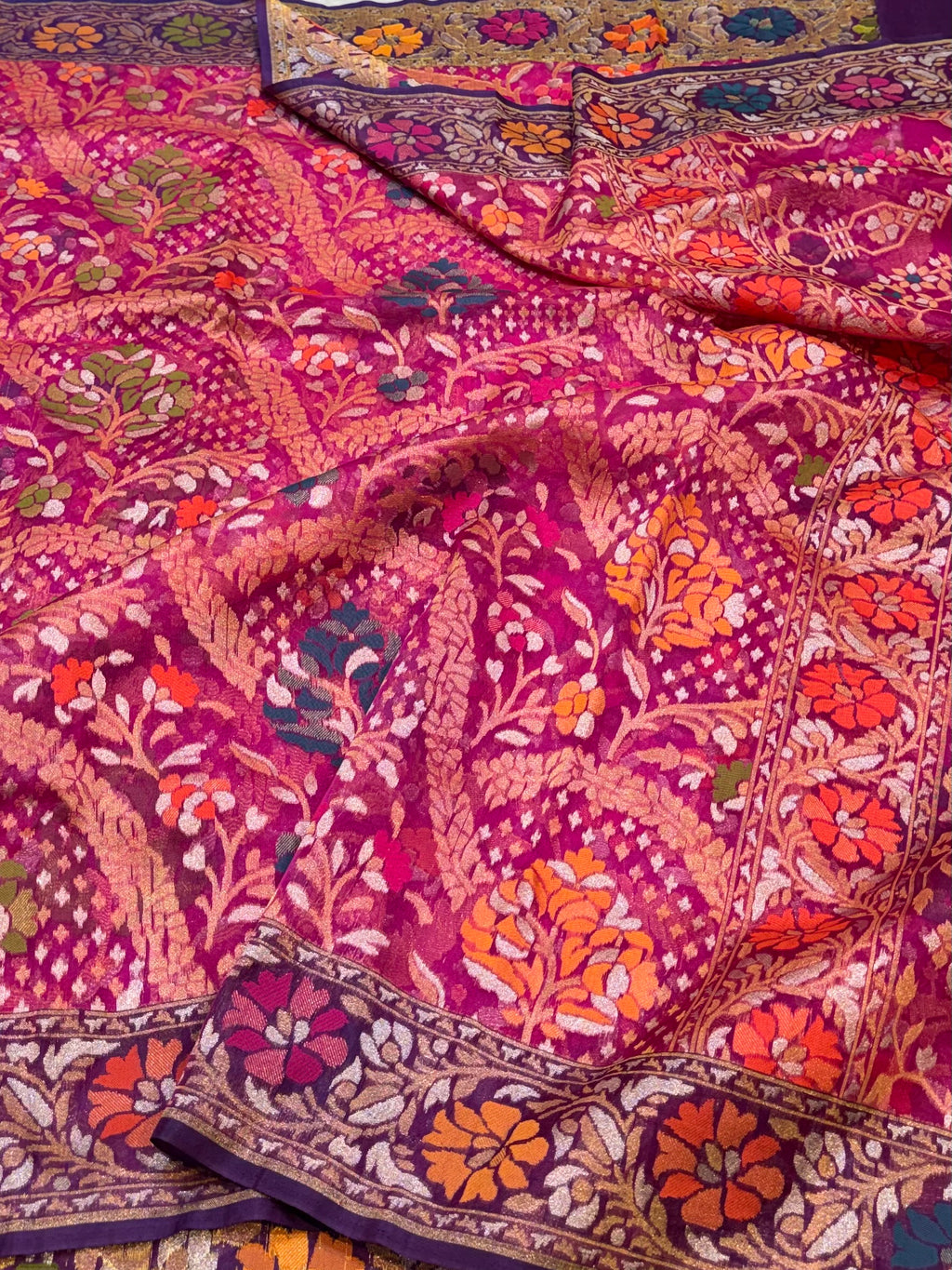 Magenta Pink 100% Pure Ektara Banarasi Kora Jamdani Saree