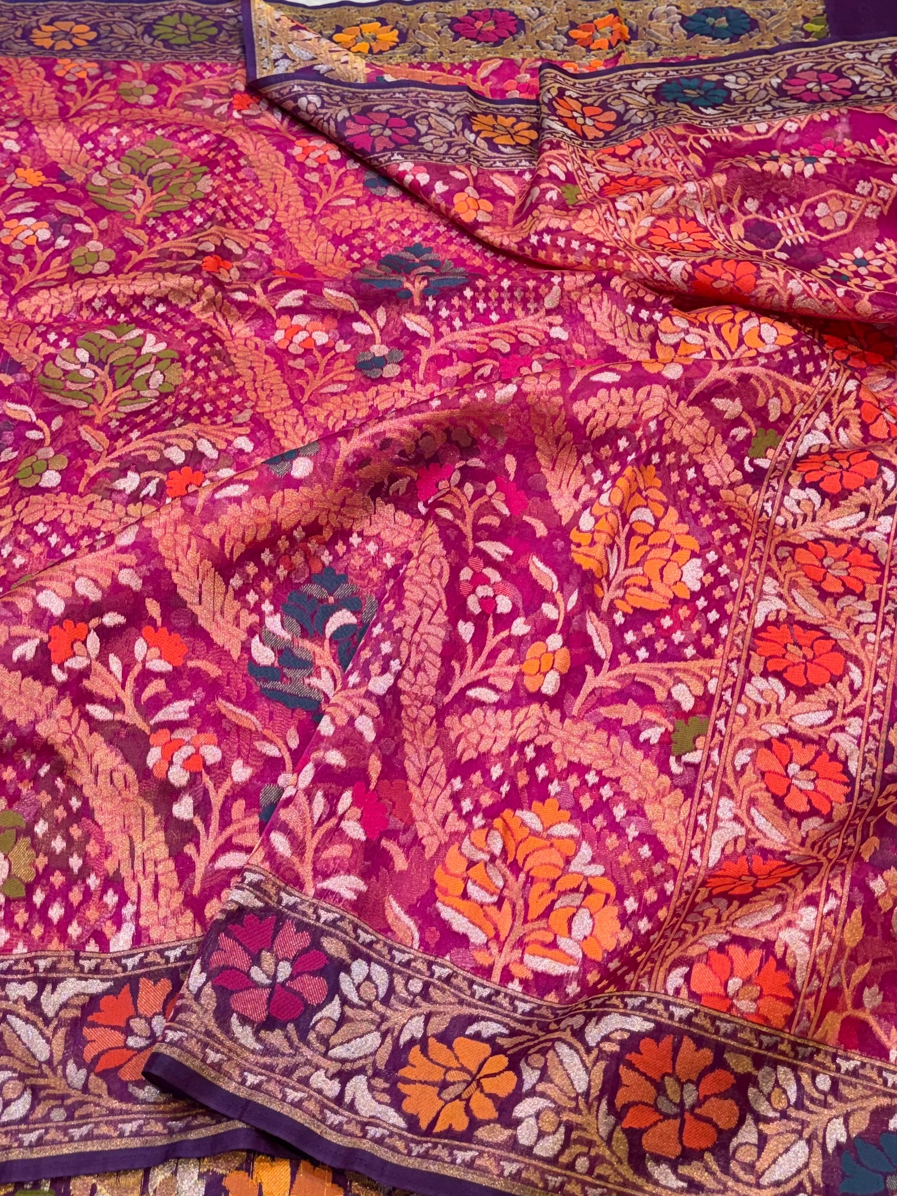 Magenta Pink 100% Pure Ektara Banarasi Kora Jamdani Saree
