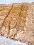Tussar 100% Pure Handloom Stripes Tissue Silk Partywear Banarasi Embroidery Lightweight Sarees