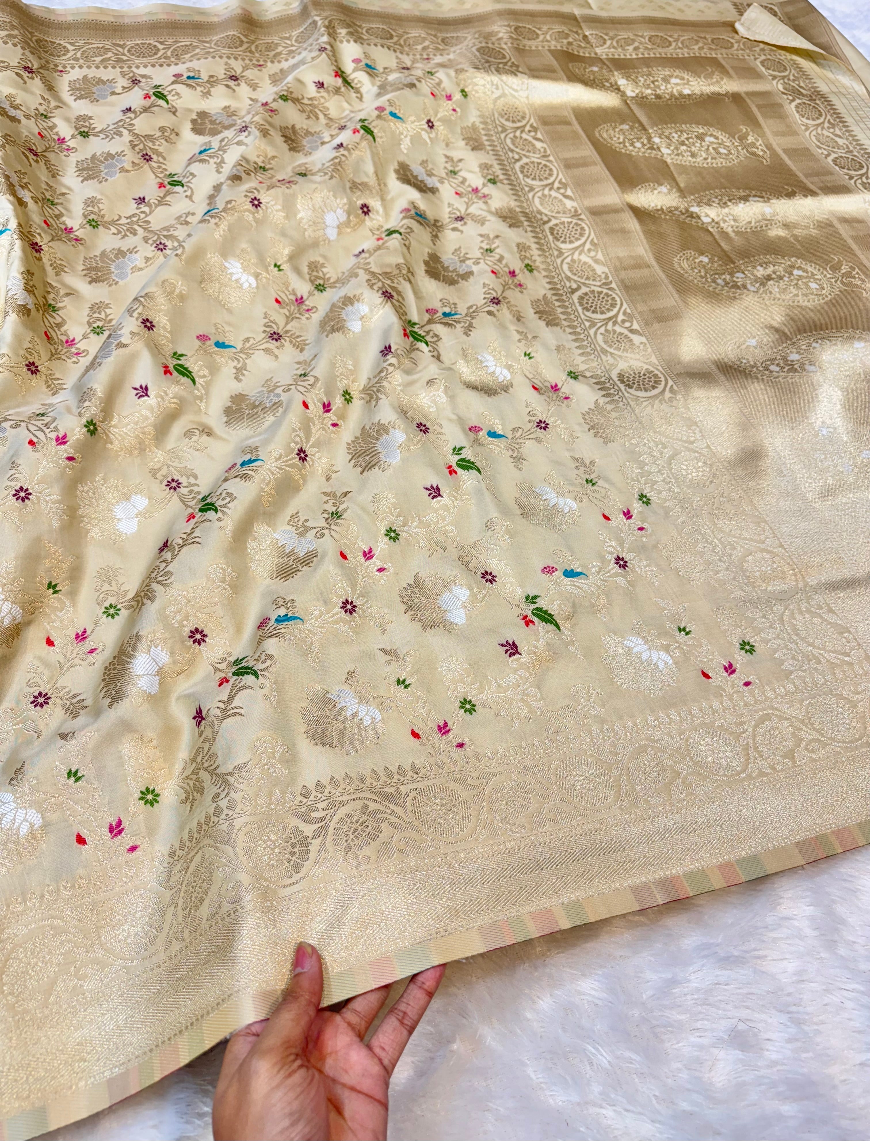 Beige Banarasi SemiKatan Silk Partywear Saree