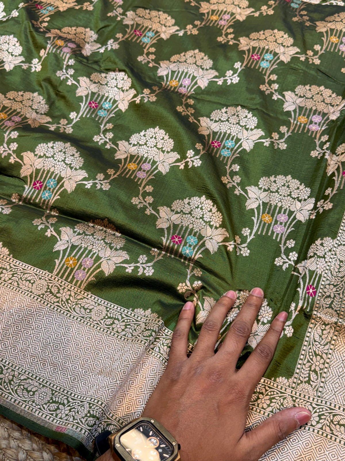 Prebook | Mehendi Green Pure Banarasi Katan Silk Meenakari Sareee