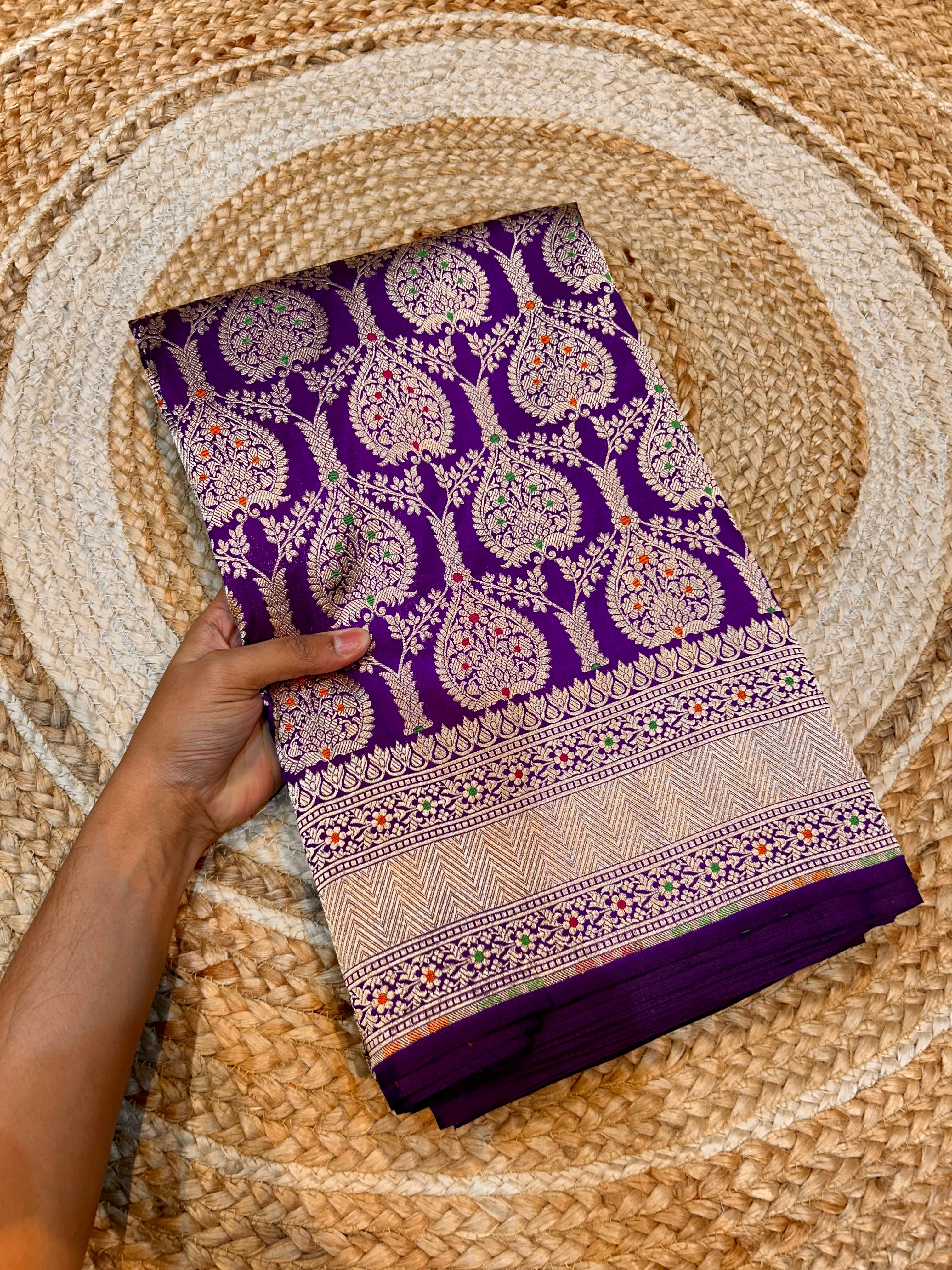 Violet Purple 100% Pure Banarasi Katan Silk Meenakari Saree