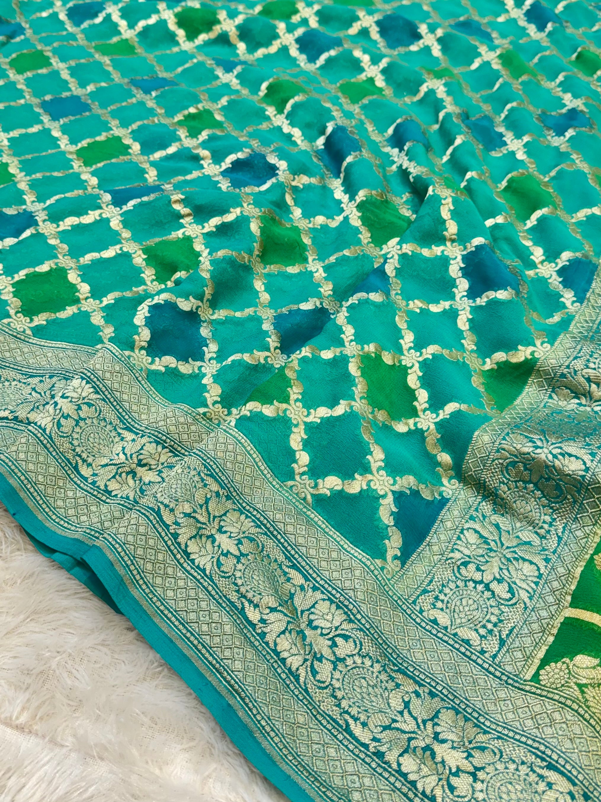 Sea Green 100% Pure Banarasi Khaddi Georgette RANGKAAT Saree