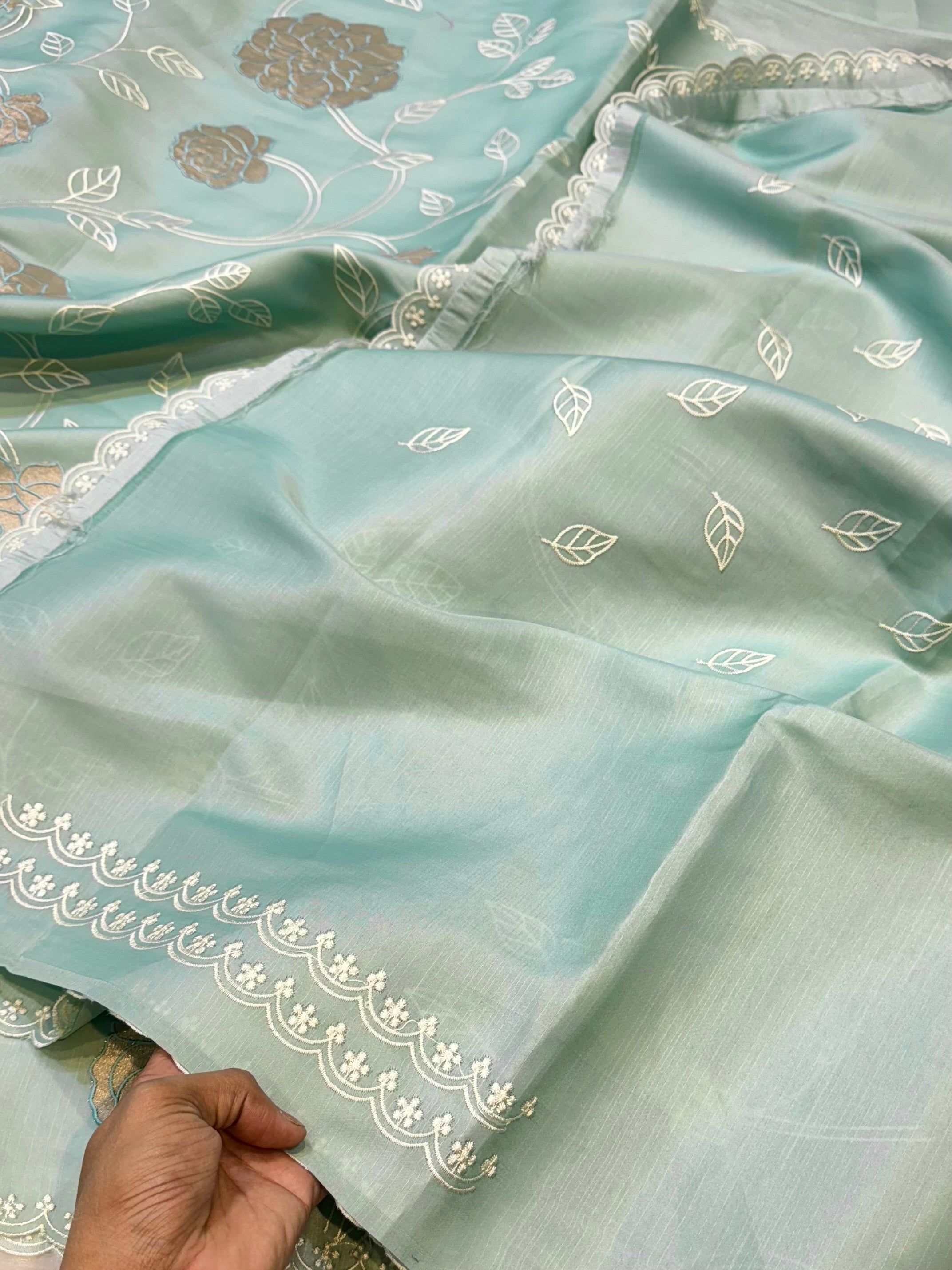 Sea Green Mango Silk Partywear Banarasi Embroidered Jaal with Tissue Applique Lightweight Sarees
