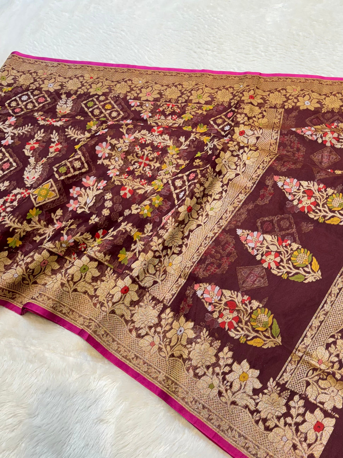 Wine Ektara Banarasi Kora Jamdani Saree