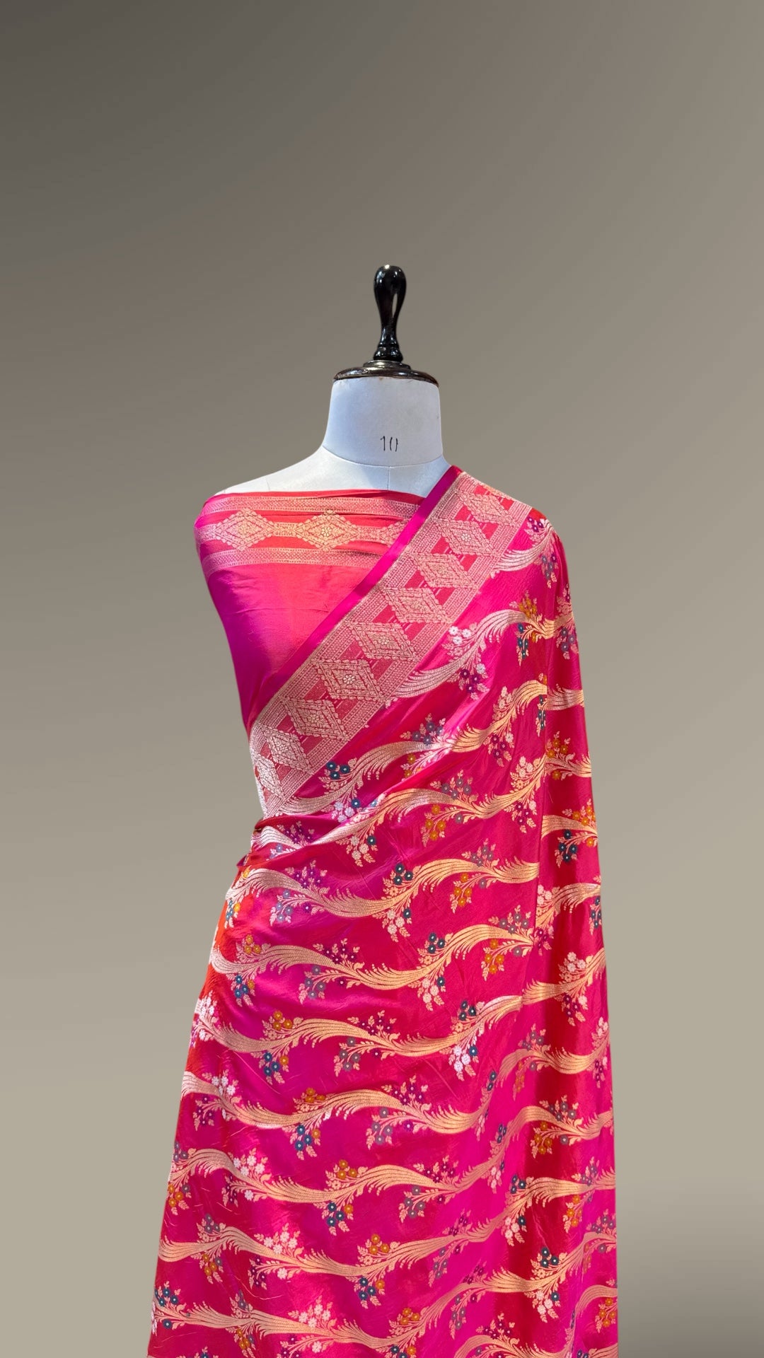 Dual shade Pink+Orange 100% Pure Banarasi Katan Silk Meenakari Saree