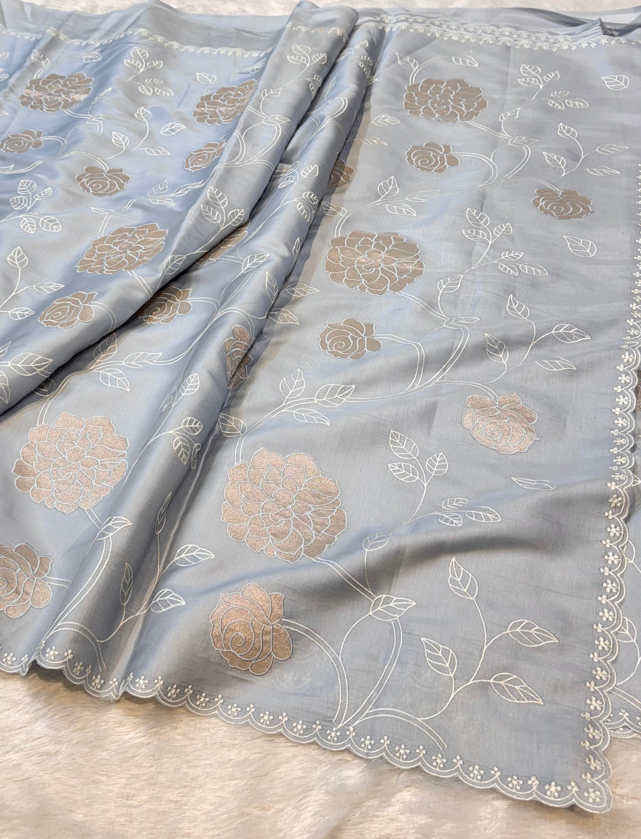 Powder Blue Mango Silk Partywear Banarasi Embroidered Jaal with Tissue Applique Lightweight Sarees