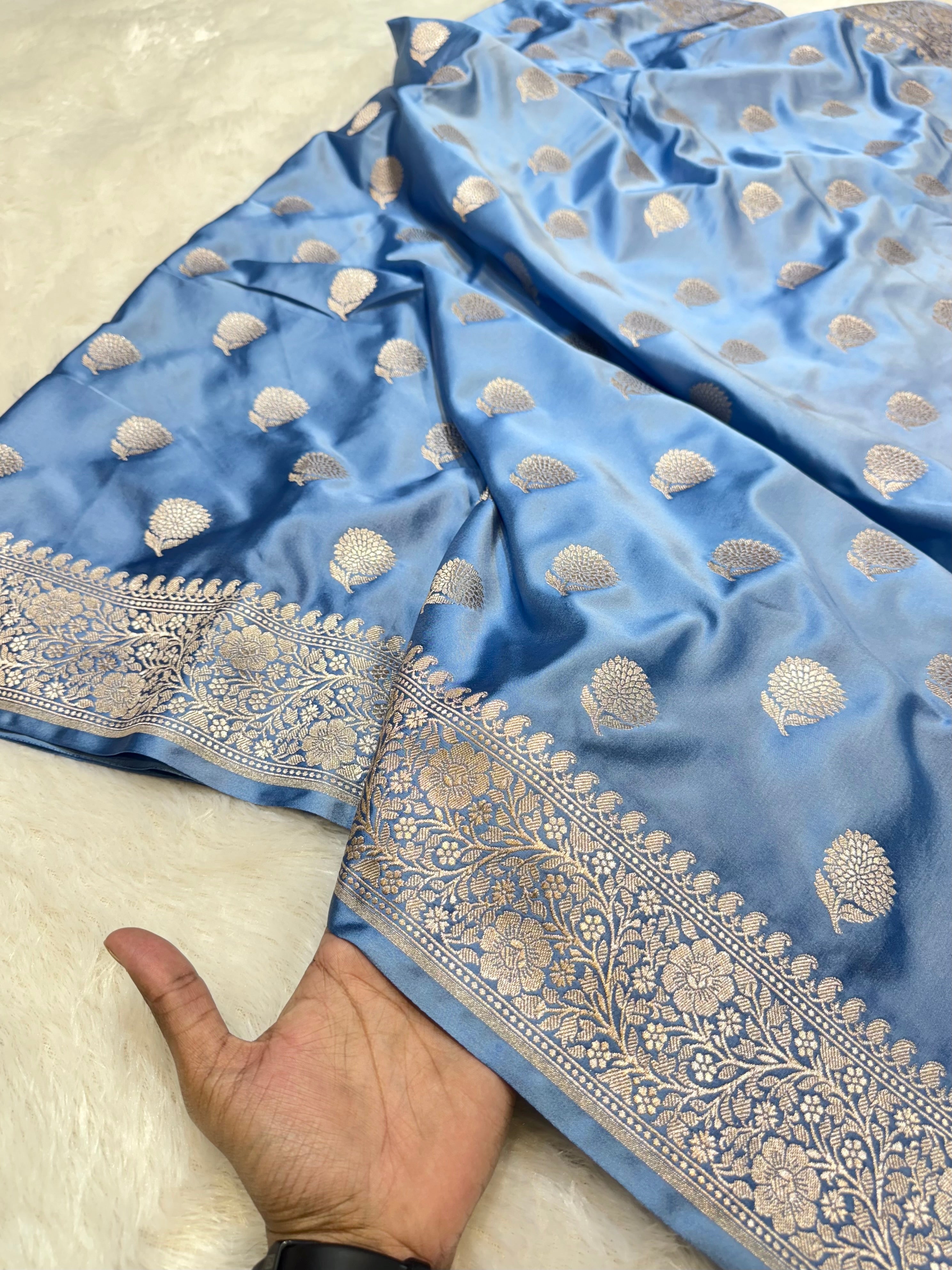 Powder Blue Banarasi Soft Mashru Silk Partywear Saree
