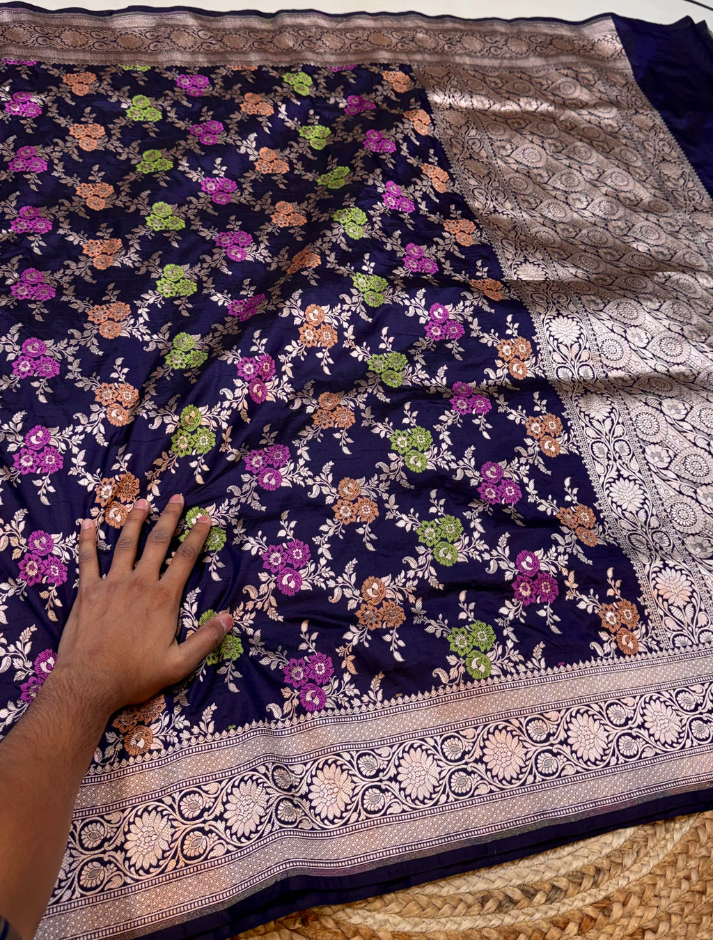 Navy Blue 100% Pure Banarasi Katan Silk Meenakari Saree