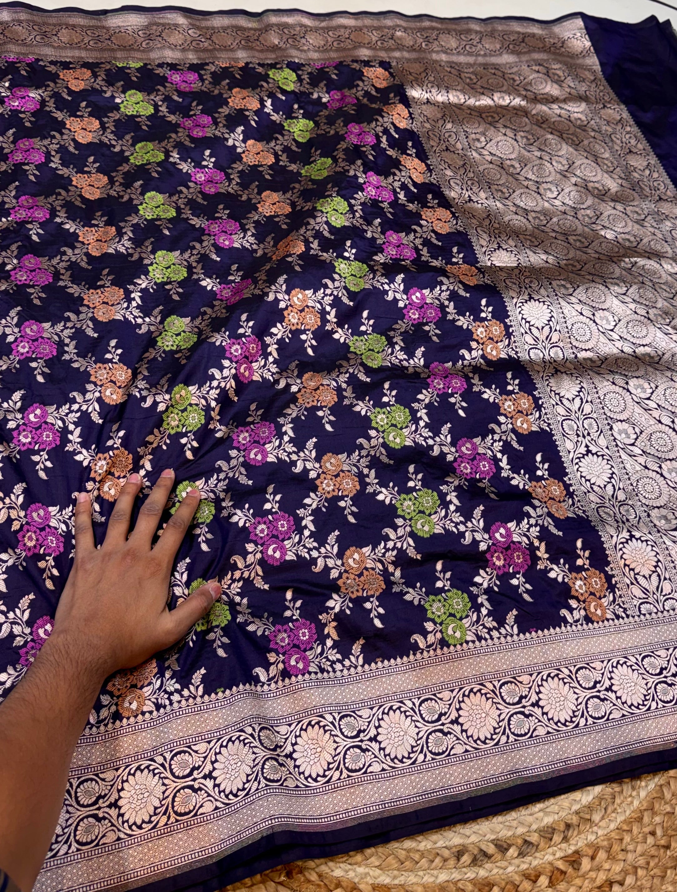 Navy Blue 100% Pure Banarasi Katan Silk Meenakari Saree