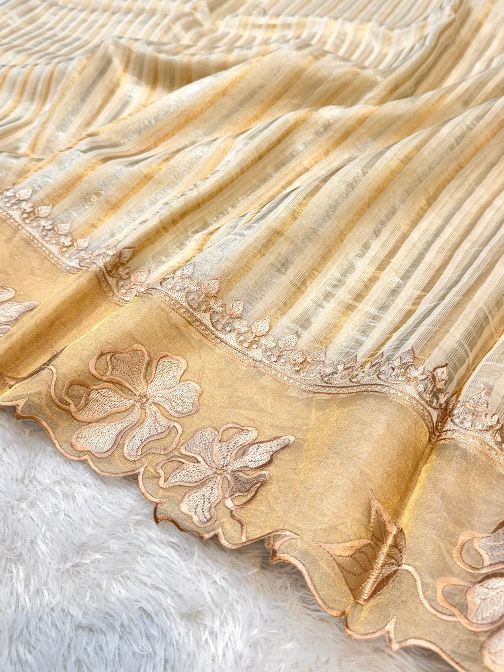 Off White 100% Pure Handloom Stripes Tissue Silk Partywear Banarasi Embroidery Lightweight Sarees