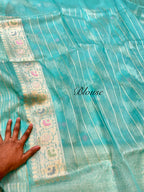 Pastel Sea Green 100% Pure Banarasi Kora Silk Handloom Handwoven Pattu Saree