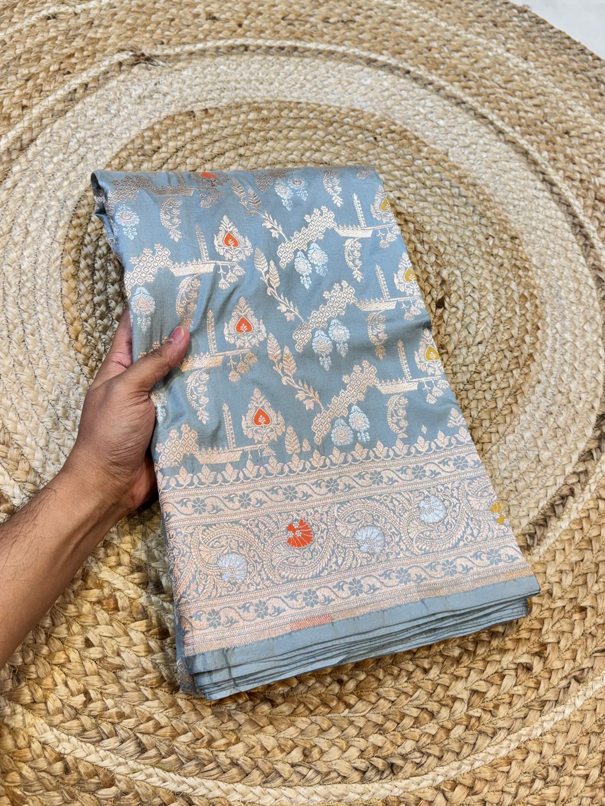 Powder Blue 100% Pure Banarasi Katan Silk Meenakari Saree