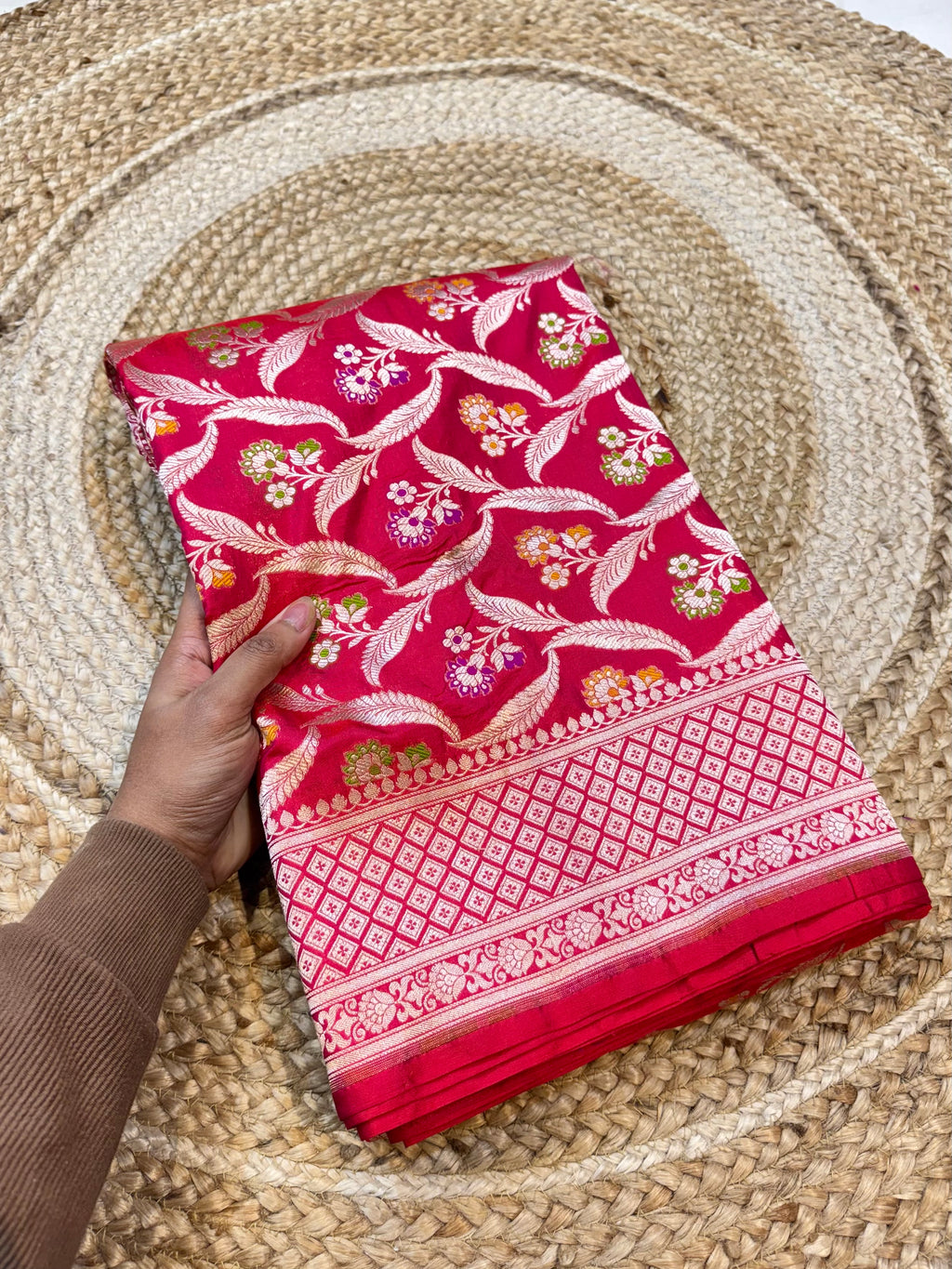 Strawberry Pink 100% Pure Banarasi Katan Silk Meenakari Saree