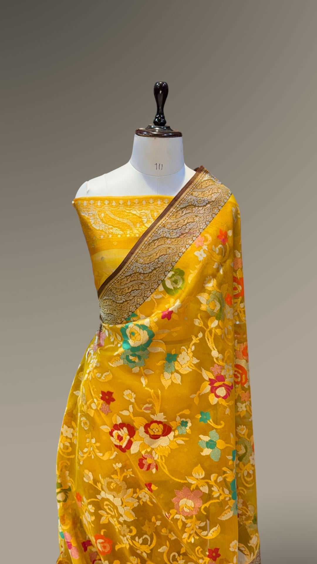 Golden Yellow Pure Handloom Banarasi Ektara Kora Jamdani Sareer