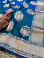 Dual Shade Peacock Blue 100% Pure Banarasi Katan Silk Meenakari Saree