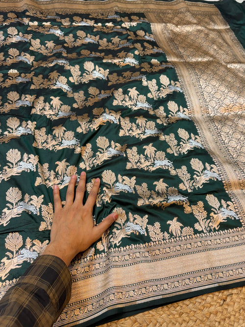 Bottle Green 100% Pure Banarasi Katan Silk Meenakari Saree