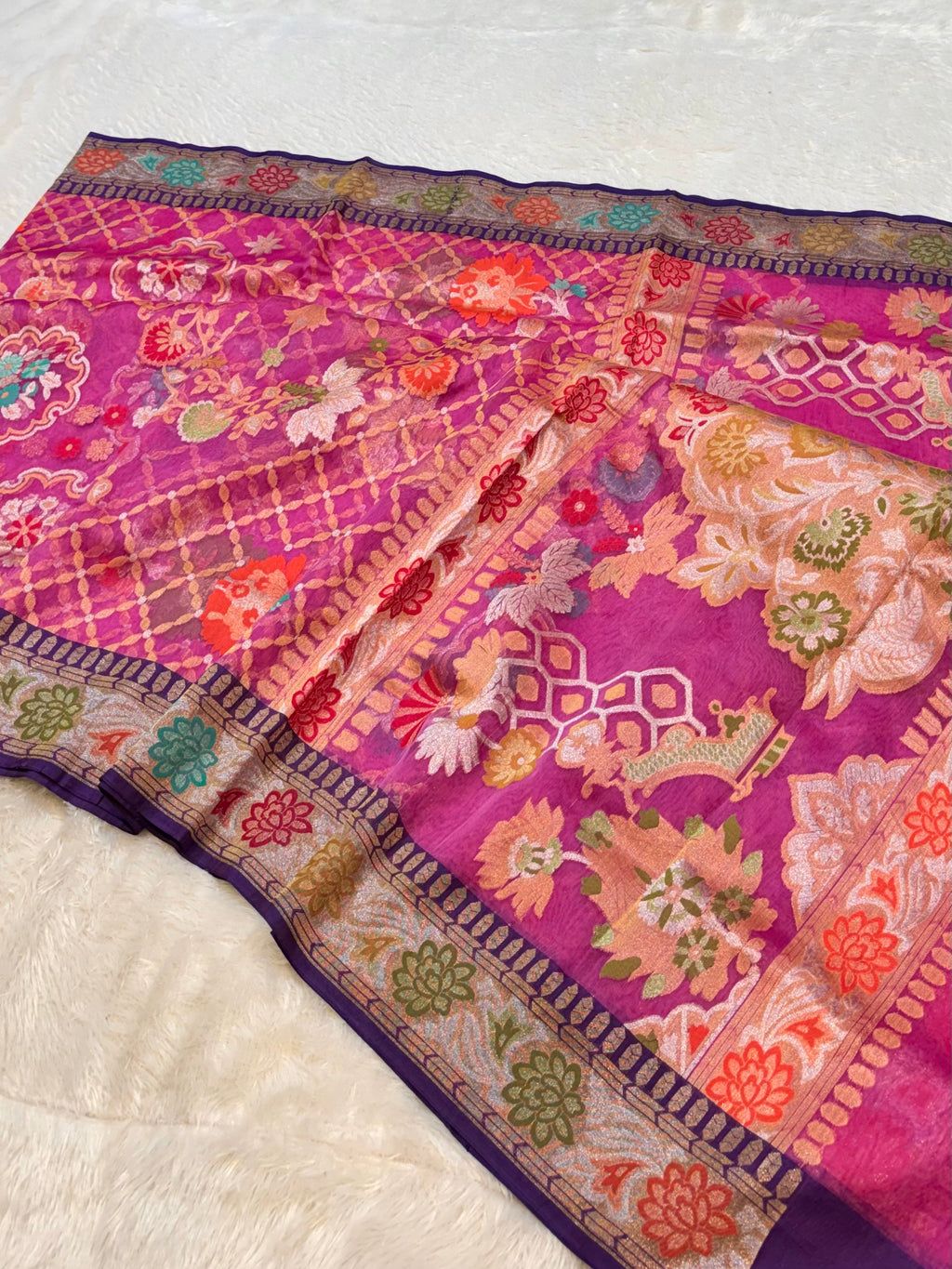 Rani Pink 100% Pure Ektara Banarasi Kora Jamdani Saree