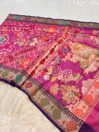 Rani Pink 100% Pure Ektara Banarasi Kora Jamdani Saree