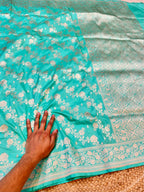 Cyan Blue 100% Pure Banarasi Katan Silk Saree