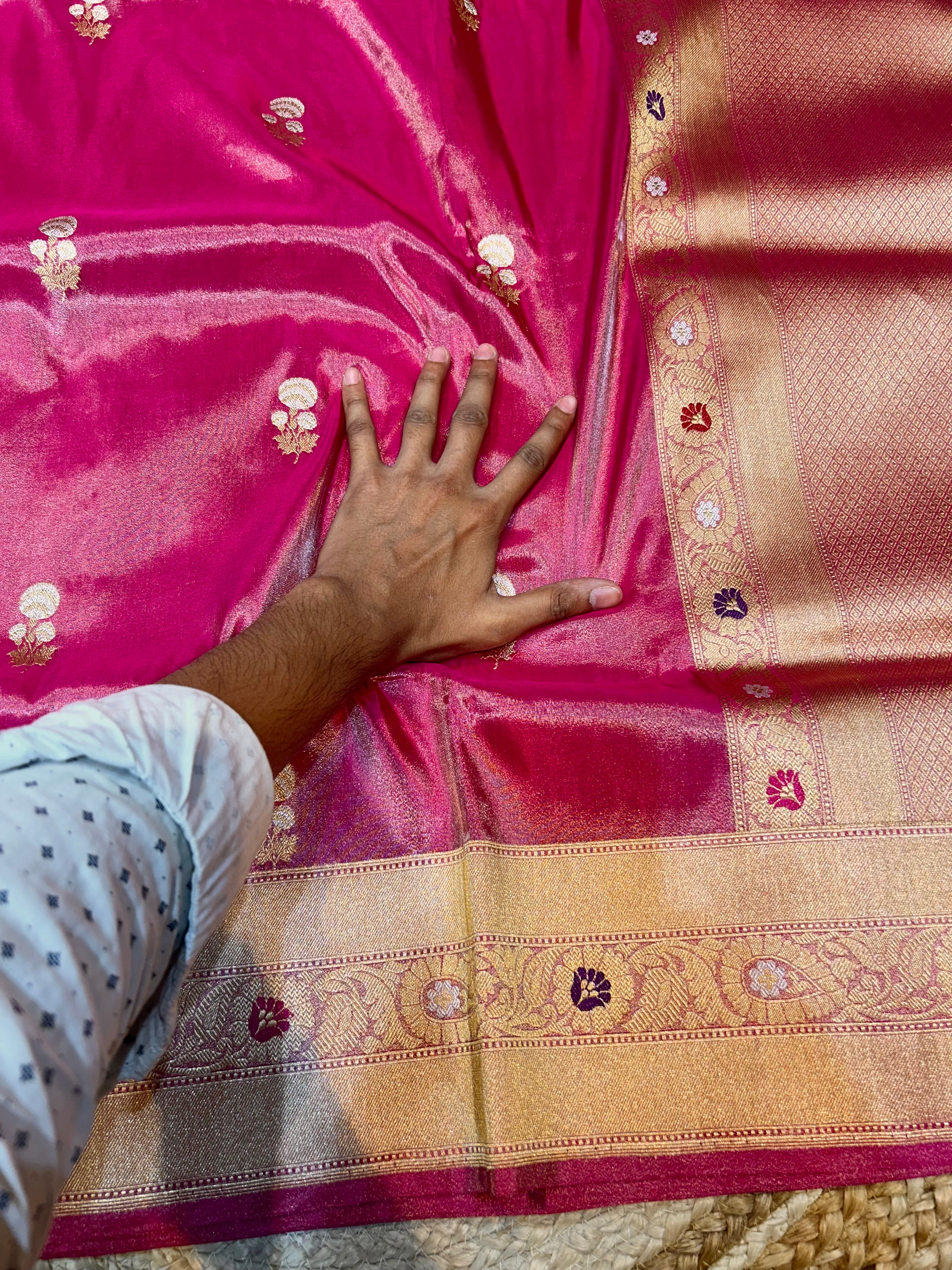 Magenta Pink 100% Pure Banarasi Tissue Silk Handloom Handwoven Saree