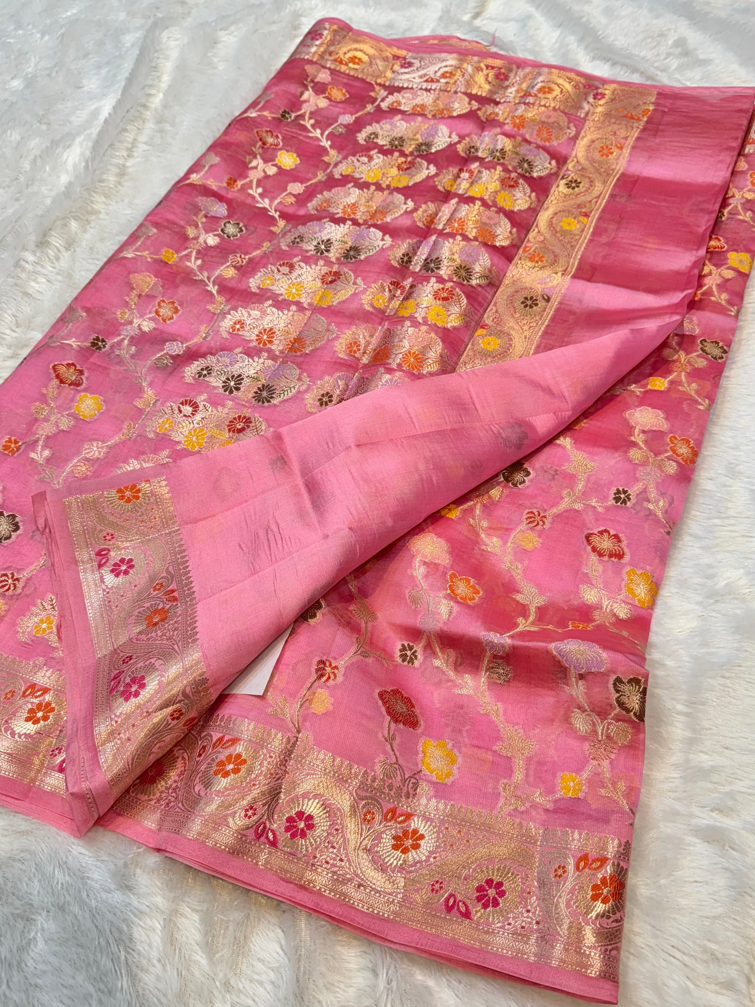 Baby Pink 100% Pure Banarasi Raw Mango Silk Saree