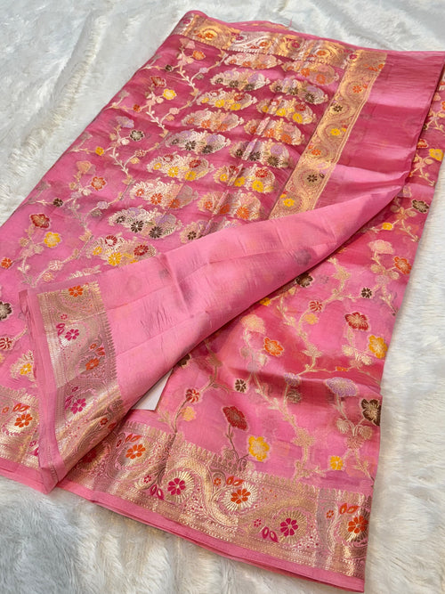 Baby Pink 100% Pure Banarasi Raw Mango Silk Saree
