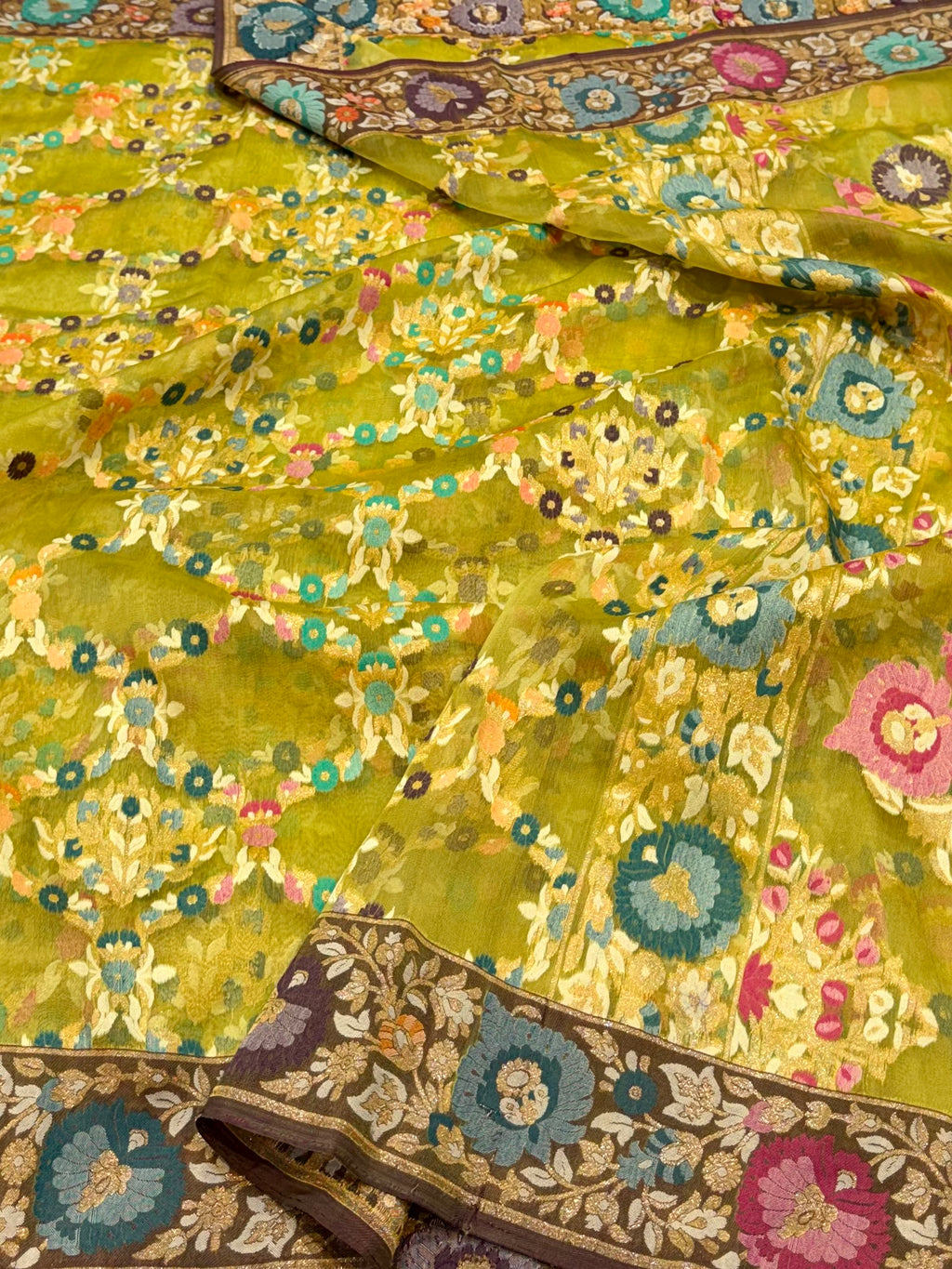 Pista Green 100% Pure Ektara Banarasi Kora Jamdani Saree