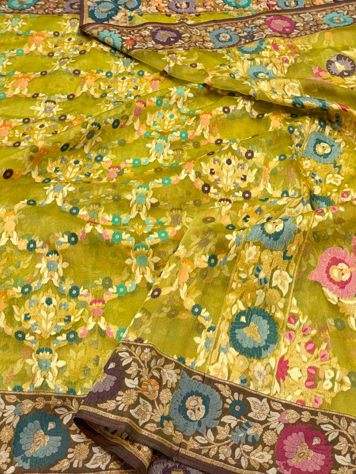 Pista Green 100% Pure Ektara Banarasi Kora Jamdani Saree