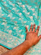 Cyan Blue 100% Pure Banarasi Katan Silk Saree