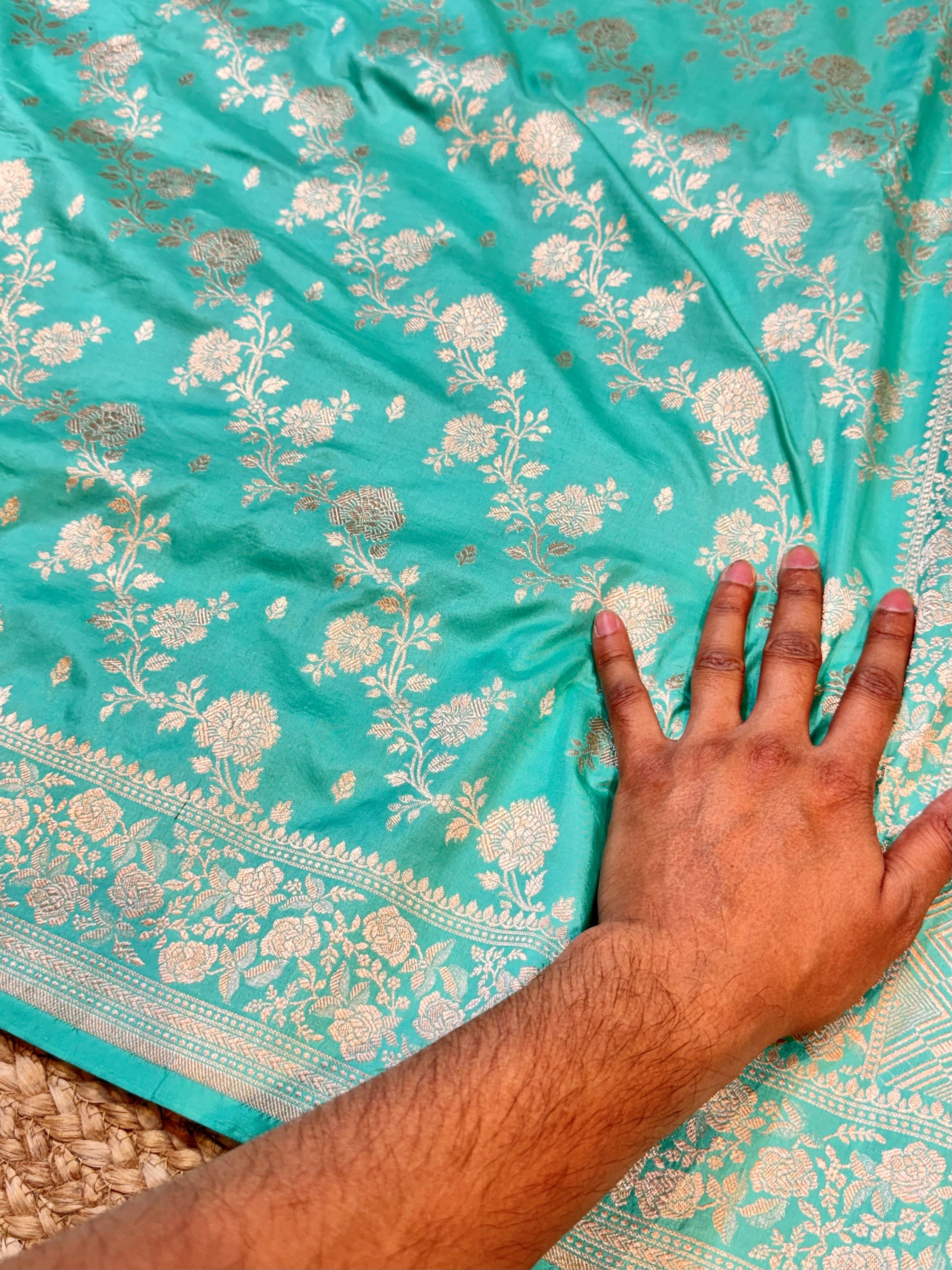 Cyan Blue 100% Pure Banarasi Katan Silk Saree
