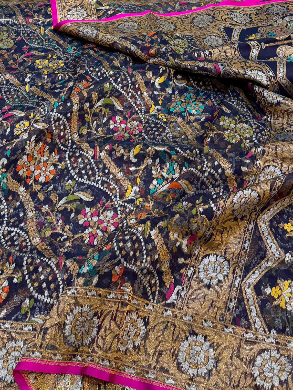Dark Blue Pure Handloom Banarasi Ektara Kora Jamdani Saree