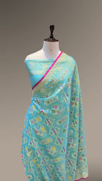 Ice Blue Pure Handloom Banarasi Ektara Kora Jamdani Saree