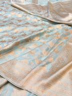 Powder Blue 100% Pure Banarasi Katan Silk Saree