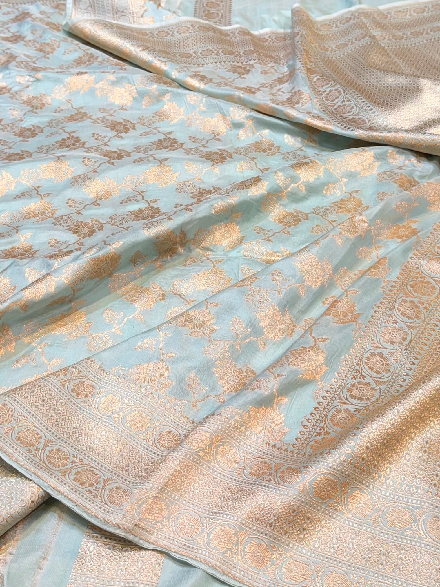 Powder Blue 100% Pure Banarasi Katan Silk Saree