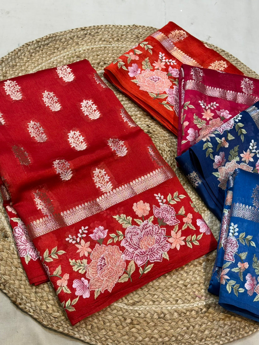 Red 100% Pure Banarasi Poona Silk Raw Mango Saree
