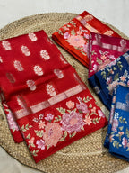 Red 100% Pure Banarasi Poona Silk Raw Mango Saree