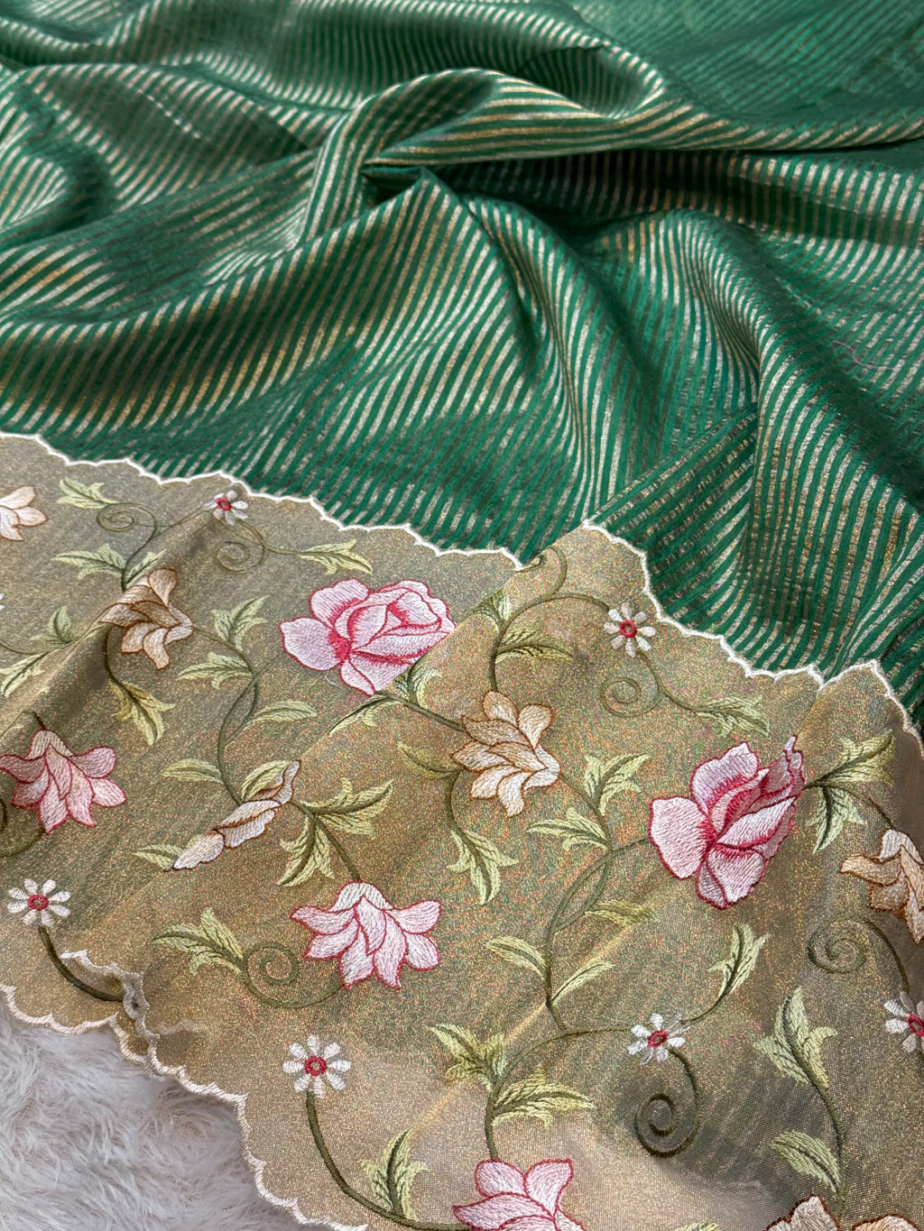 Bottle Green Tissue Silk Partywear Banarasi Embroidery Tissue Border Lightweight Sarees