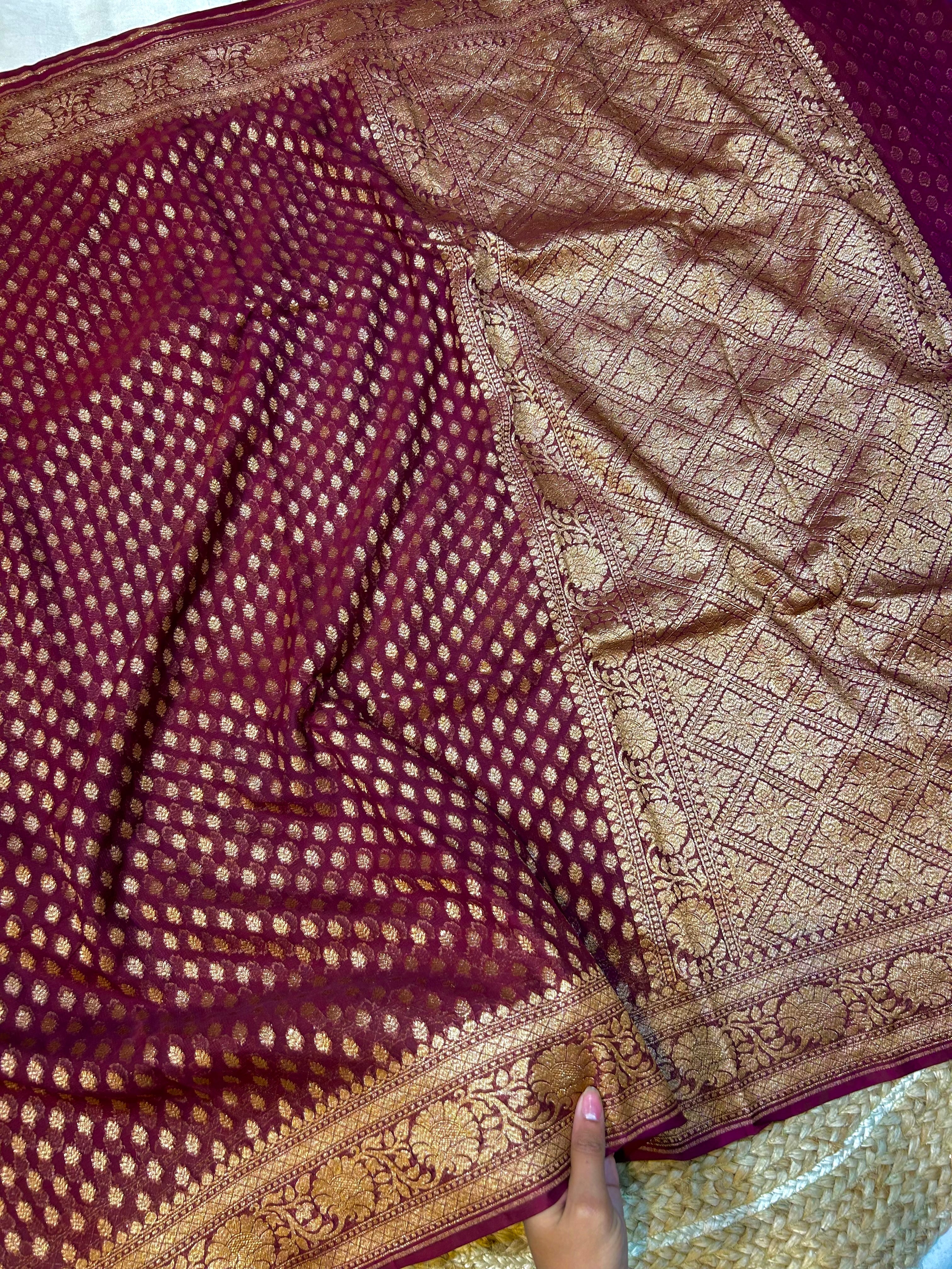 Burgundy Wine 100% Pure Banarasi Khaddi Georgette Saree