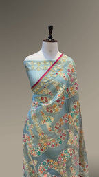 Prebook | Powder Blue Pure Handloom Banarasi Ektara Kora Jamdani Saree