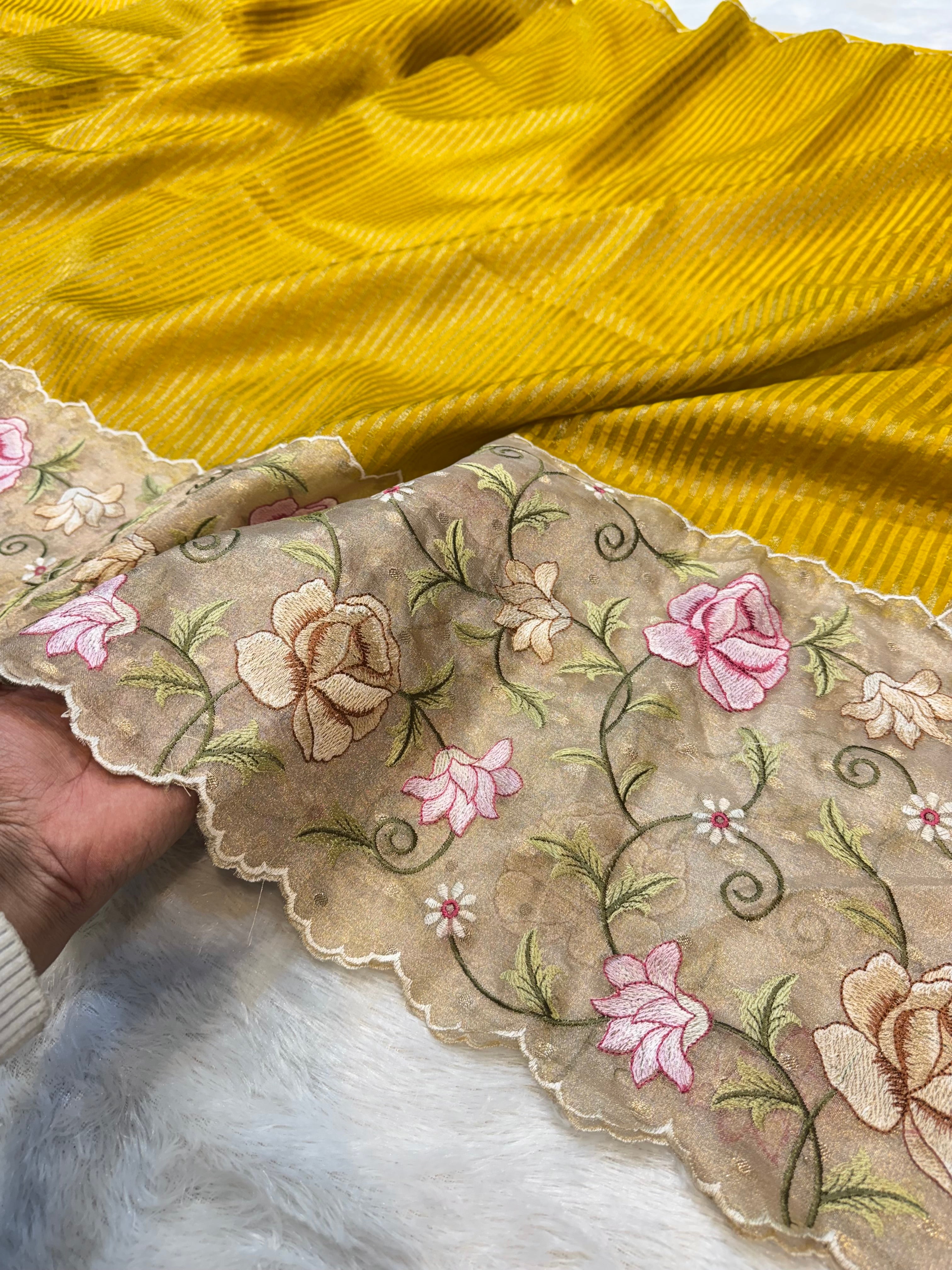 Sunflower Yellow Tissue Silk Partywear Banarasi Embroidery Tissue Border Lightweight Sarees