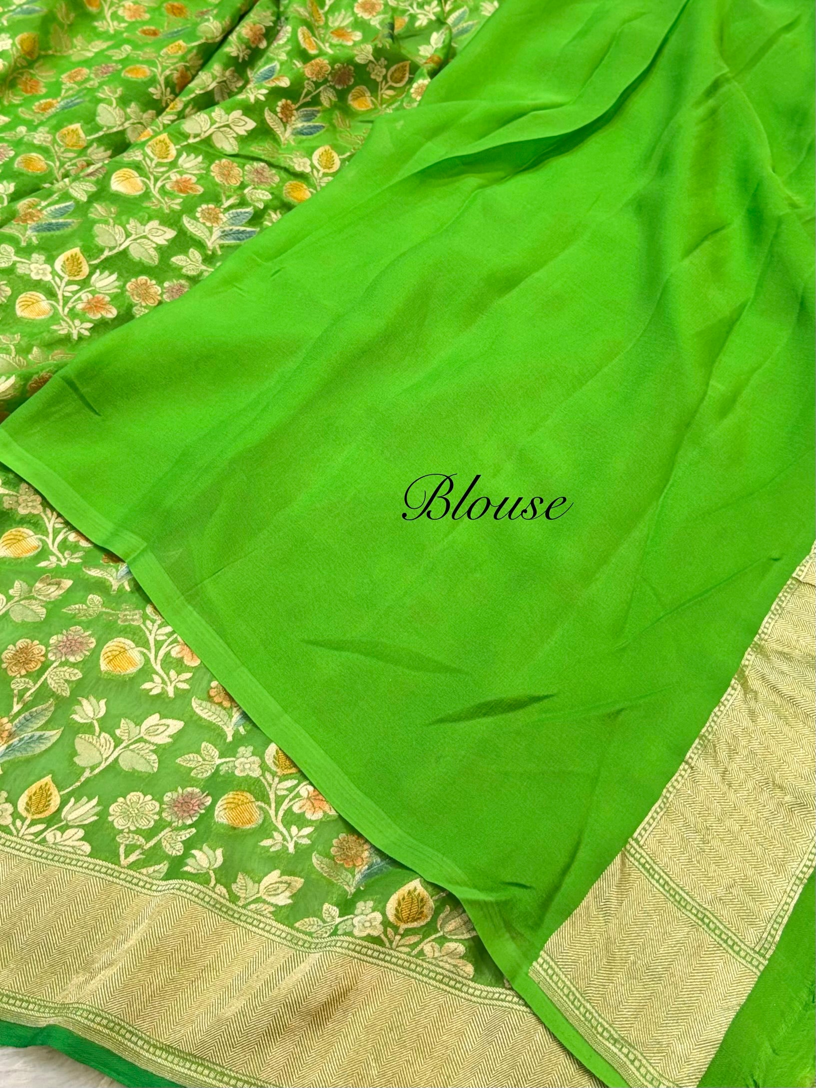 Parrot Green 100% Pure Banarasi Khaddi Georgette Handbrush Meenakari Saree