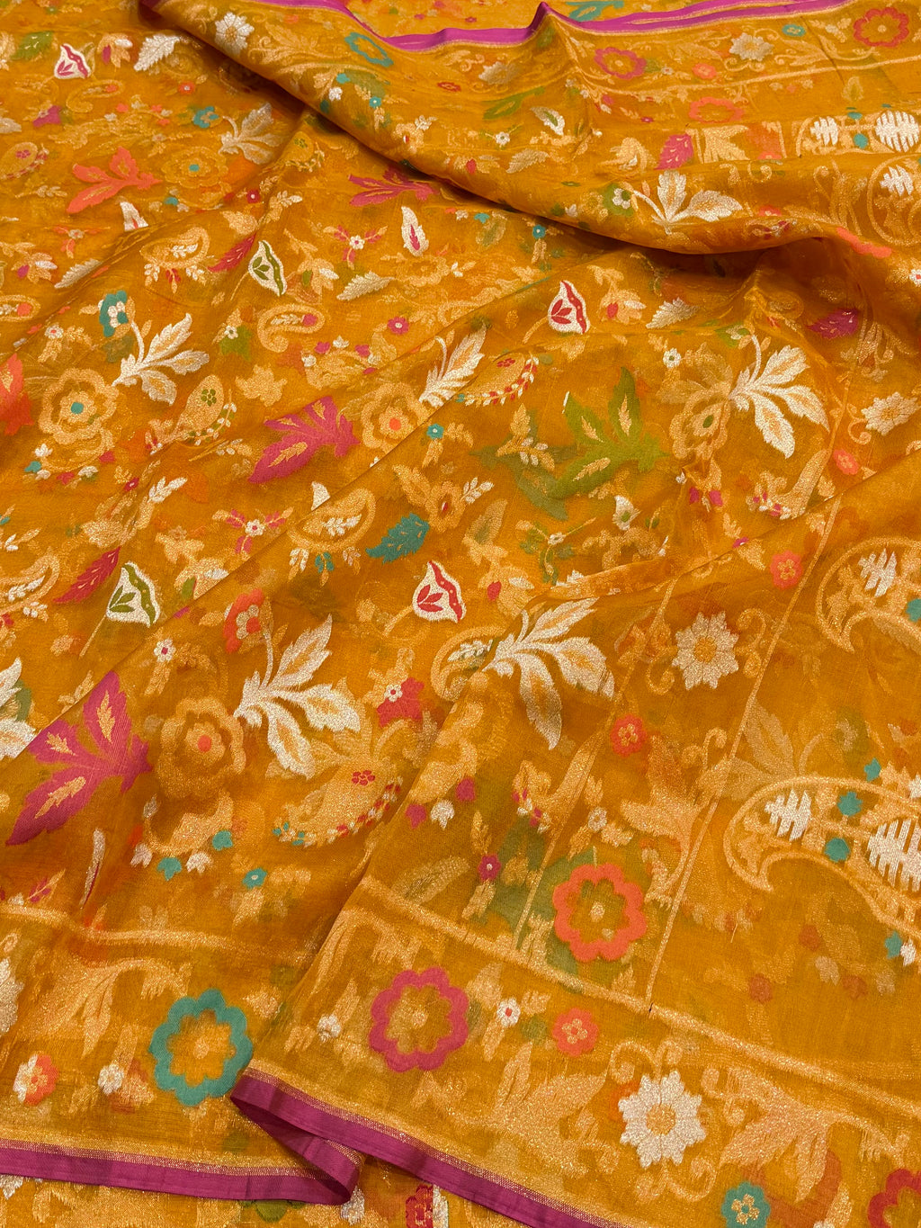 Mustard Pure Banarasi Ektara Kora Jamdani Saree
